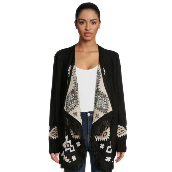 Poncho fall sweater Aztec print in black, tan,white with Fringe size XXL 19 - Picture 1 of 7